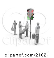 Clipart Illustration Of Businessmen Waiting At Red Stop Lights Watching Two Men Engaged In A Handshake by 3poD