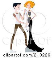 Royalty Free RF Clipart Illustration Of A Male Fashion Designer Measuring A Woman In A Black Dress