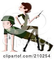 Woman Sitting On A Mans Back While He Does Push Ups In Military Camp