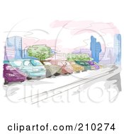 Poster, Art Print Of Watercolor And Sketched Parking Lot Scene