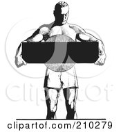 Poster, Art Print Of Retro Black And White Bodybuilder Holding A Blank Sign