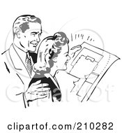 Poster, Art Print Of Retro Black And White Couple Reviewing Blue Prints