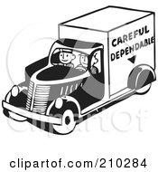 Retro Black And White Men Driving A Careful Dependable Delivery Truck