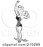 Retro Black And White Bathing Beauty Smiling And Waving