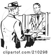 Poster, Art Print Of Retro Black And White Businessman Talking To A Bank Teller
