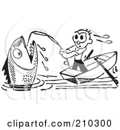 Royalty Free RF Clipart Illustration Of A Retro Black And White Man Reeling In A Giant Fish by BestVector