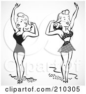 Poster, Art Print Of Digital Collage Of Retro Black And White Women In Bathing Suits Waving