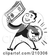 Poster, Art Print Of Retro Black And White Businessman Holding A Coin And Cash
