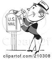 Poster, Art Print Of Retro Black And White Man Inserting A Letter In A Mail Box