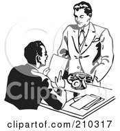 Royalty Free RF Clipart Illustration Of A Retro Black And White Businessman Discussing A Resume With An Applicant