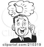 Royalty Free RF Clipart Illustration Of A Retro Black And White Businessman With A Light Bulb Idea