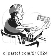 Retro Black And White Businessman Sitting At A Desk And Holding A Check