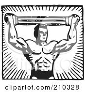 Poster, Art Print Of Retro Black And White Bodybuilder Pulling A Band Above His Head