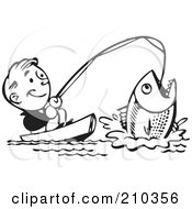 Poster, Art Print Of Retro Black And White Man Catching A Giant Fish