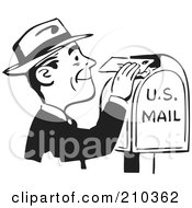 Royalty Free RF Clipart Illustration Of A Retro Black And White Man Inserting A Letter In A Postal Box