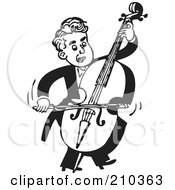 Poster, Art Print Of Retro Black And White Musician Facing Right And Playing A Bass