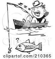 Poster, Art Print Of Retro Black And White Man Sleeping In A Boat And Catching A Fish