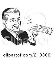Retro Black And White Businessman Smiling And Holding A Check