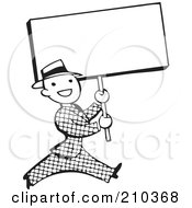 Retro Black And White Man Walking With A Blank Sign