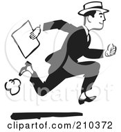 Royalty Free RF Clipart Illustration Of A Retro Black And White Man Running With A Document