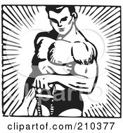 Royalty Free RF Clipart Illustration Of A Retro Black And White Bodybuilder Lifting With One Arm
