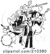 Retro Black And White Band Of Bass Drum Sax And Violin Players