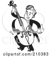 Royalty Free RF Clipart Illustration Of A Retro Black And White Musician Facing Left And Playing A Bass