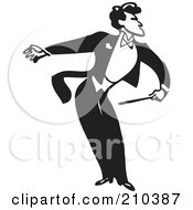 Royalty Free RF Clipart Illustration Of A Retro Black And White Music Conductor Facing Right Bending And Holding An Arm Back by BestVector