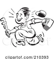 Royalty Free RF Clipart Illustration Of A Retro Black And White Plumber Or Handy Man Running With Tools by BestVector #COLLC210393-0144