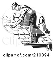 Poster, Art Print Of Retro Black And White Roofer Installing Shingles