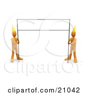 Clipart Illustration Of A Blank Banner Sign Post Being Held By Two Orange People Wearing Party Hats