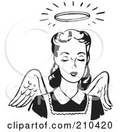 Poster, Art Print Of Retro Black And White Angel Woman With Wings And A Halo