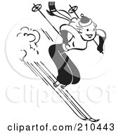 Poster, Art Print Of Retro Black And White Woman Skiing Downhill