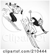 Royalty Free RF Clipart Illustration Of A Retro Black And White Couple Skiing Downhill