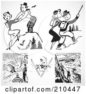 Poster, Art Print Of Digital Collage Of Retro Black And White Sporty People Outdoors