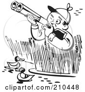 Royalty Free RF Clipart Illustration Of A Retro Black And White Man In Reeds Shooting At Ducks