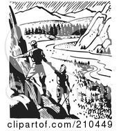 Poster, Art Print Of Retro Black And White Couple Hiking And Viewing A Valley