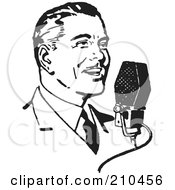 Poster, Art Print Of Retro Black And White Man Talking Into A Microphone