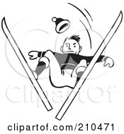 Royalty Free RF Clipart Illustration Of A Retro Black And White Male Skier Catching Air And Looking Down by BestVector