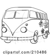 Poster, Art Print Of Black And White Coloring Page Outline Of A Floral Hippie Bus Van