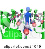 Clipart Illustration Of A Blue Person Being Held Hostage By Green Aliens With Ray Guns