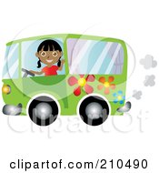 Friendly Indian Woman Waving And Driving A Green Floral Hippie Bus Van