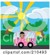 Poster, Art Print Of Indian Girl Waving While Driving By A Park In A Purple Hippie Van