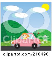 Poster, Art Print Of Pretty Red Haired Girl Waving While Driving Past Hills In A Pink Car