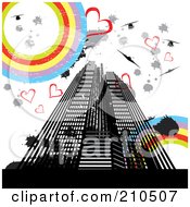 Grungy Urban Background Of Skyscrapers Hearts Splatters Helicopters And Rainbow Circles