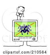 Royalty Free RF Clipart Illustration Of A Stick Person Business Man On A Computer With A Spider Virus