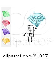 Poster, Art Print Of Stick Person Business Man Holding Up A Blue Diamond With Other Gems On The Side