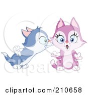Cute Blue Kitten Boy Kissing A Purple Kitten Girl On The Cheek