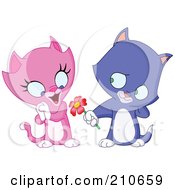 Poster, Art Print Of Sweet Blue Kitten Giving A Flower To A Pink Kitten