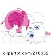 Poster, Art Print Of Cute White Kitten Playing With A Ball Of Pink Yarn